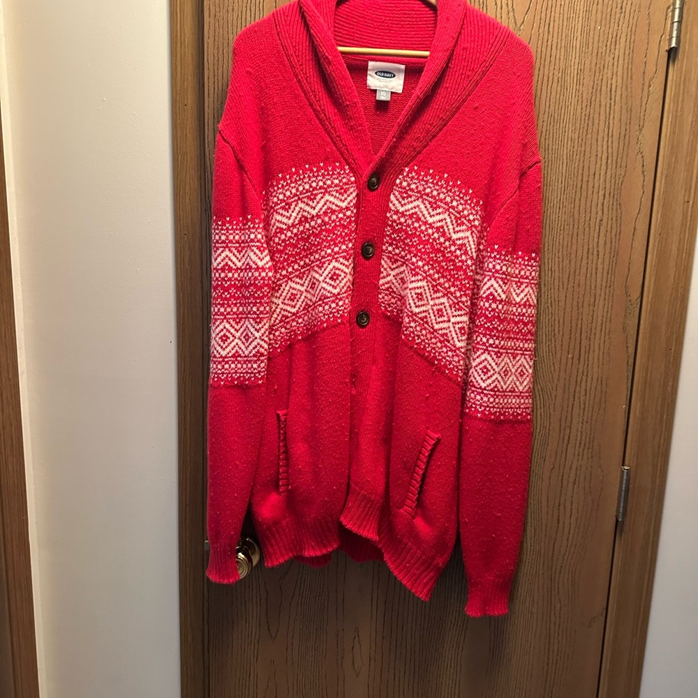 Old Navy Red and White Cardigan Sweater with Nordic Pattern